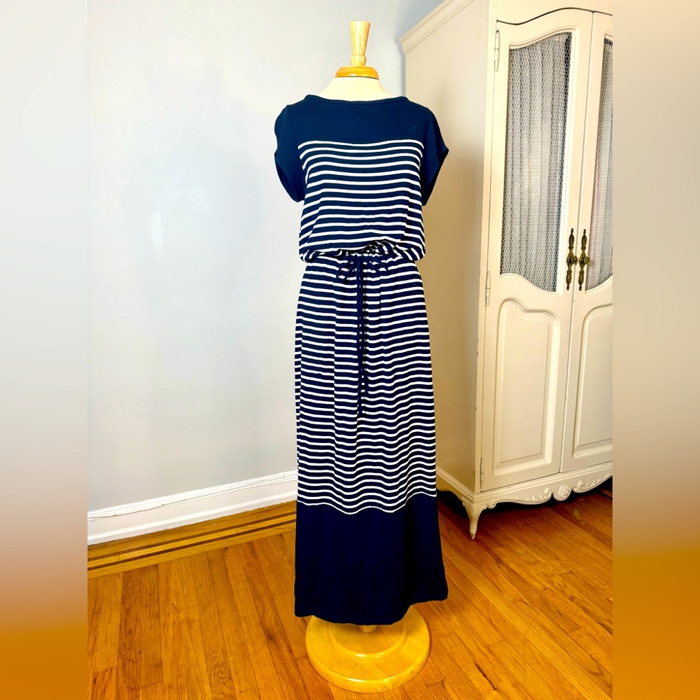 T By Talbots Women Navy Blue Striped Jersey Nautical Cap Sleeve Maxi Dress L